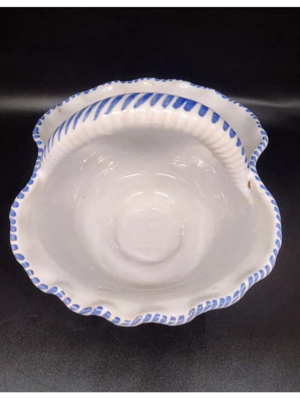 Vintage Spanish Art Pottery Ruffle Handle Basket Handmade Floral 6.25